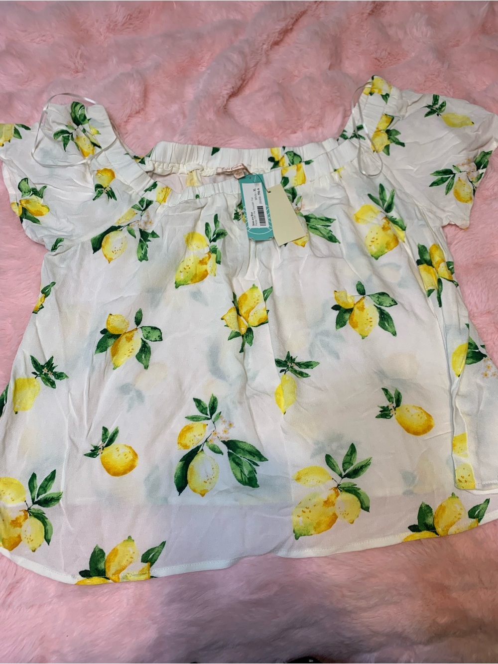 Skies Are Blue Lemon Print Off-Shoulder Top - White & Yellow